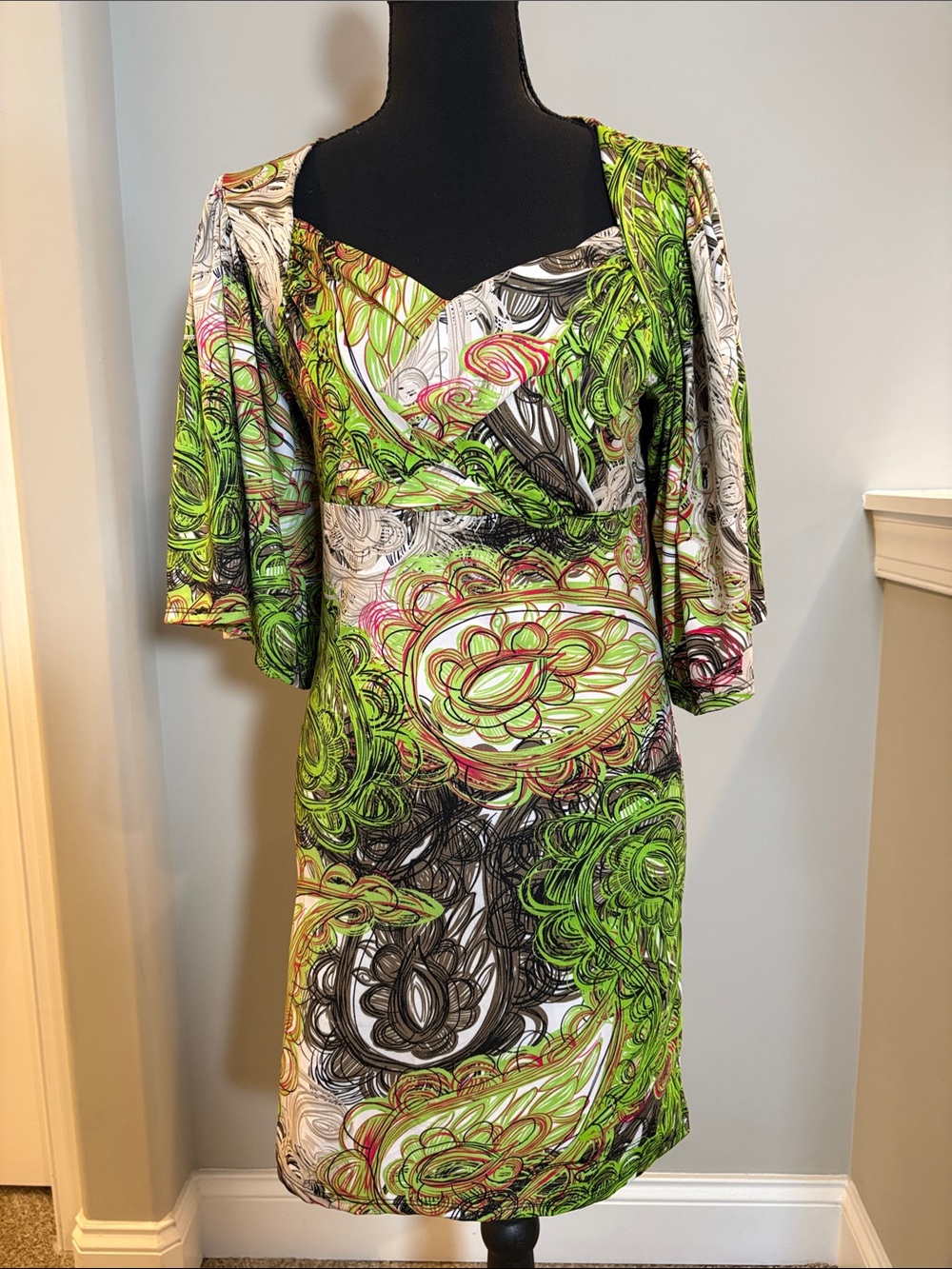 Bacci Y2K Faux Wrap Midi Dress L Chartreuse Lime Green Pink Swirl Bell Sleeve